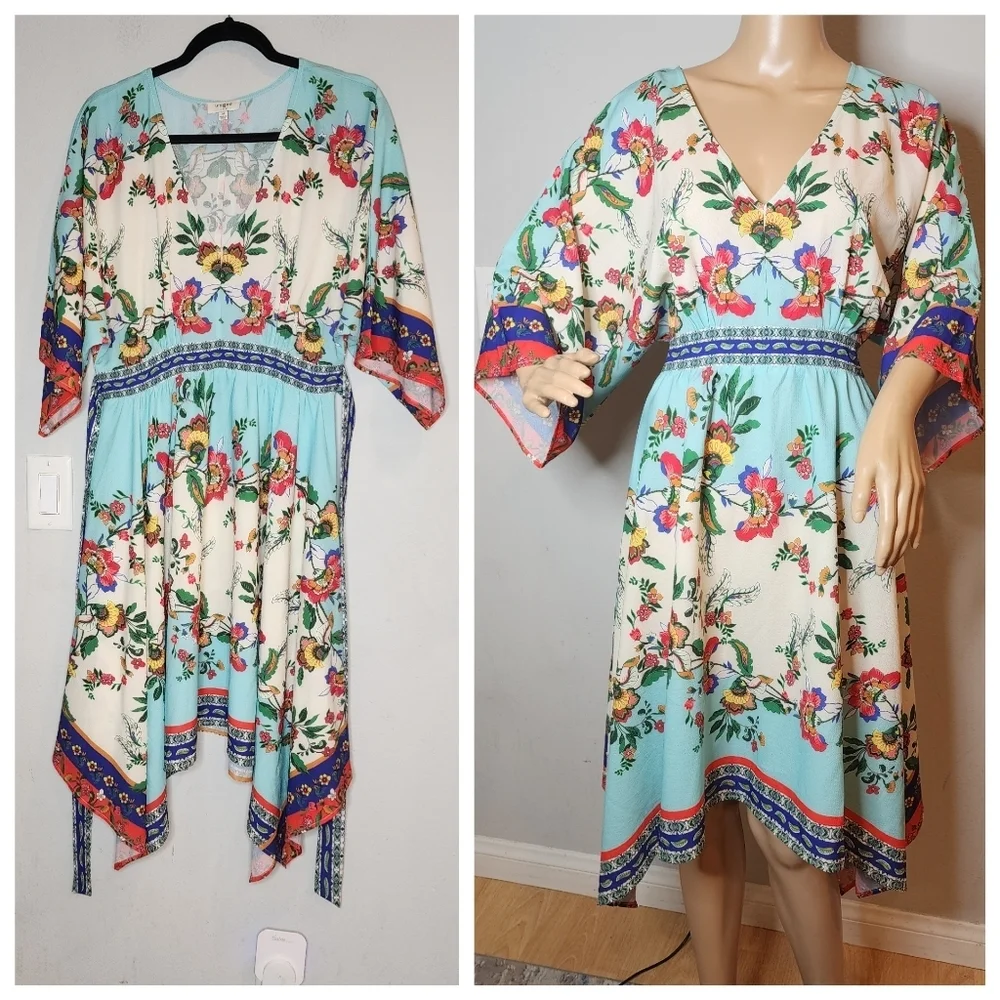 Umgee Kimono Sleeve Hankerchief Hem Blue Printed Boho Dress Stretch Waist Medium - Picture 1 of 13